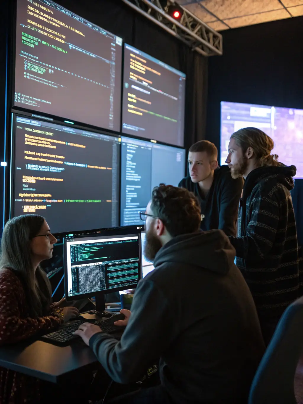 A diverse group of students collaborating on a coding project, with laptops and whiteboards visible, set in a modern classroom environment.