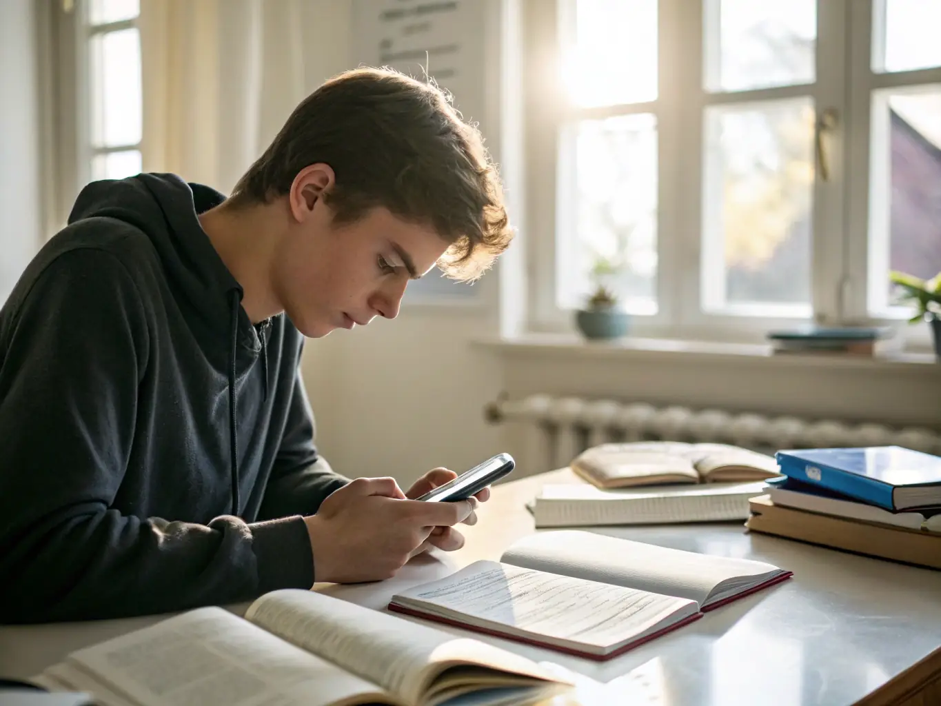 A student working on a mobile app development project, showcasing a functional app interface on a smartphone. The image should convey a sense of creativity and innovation.
