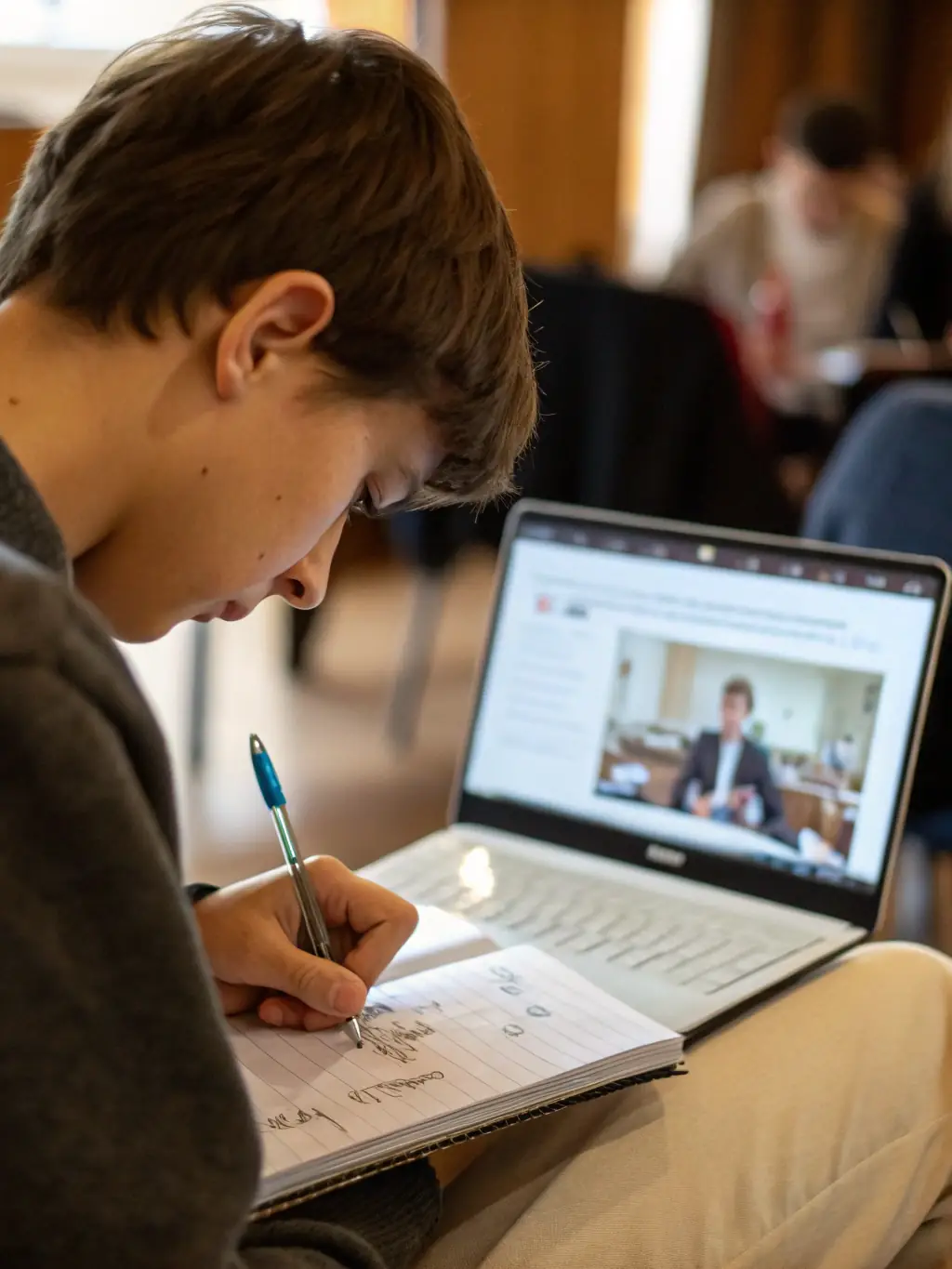 A student attentively taking notes during a webinar about career paths in software development, with a focus on opportunities in Indian tech companies.