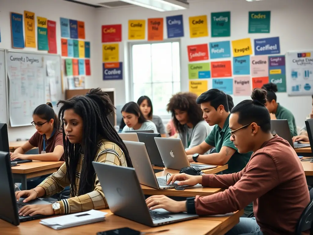 A dynamic image of a coding workshop, with participants actively engaged in hands-on programming exercises. The atmosphere is collaborative and supportive, highlighting the practical skills gained through the webinar.