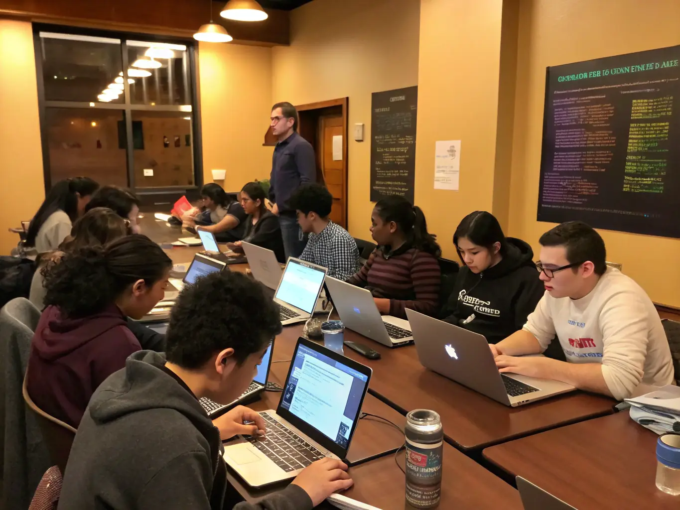 A group of students participating in a coding workshop, with an instructor guiding them through a programming problem. The image should convey a sense of community and mentorship.