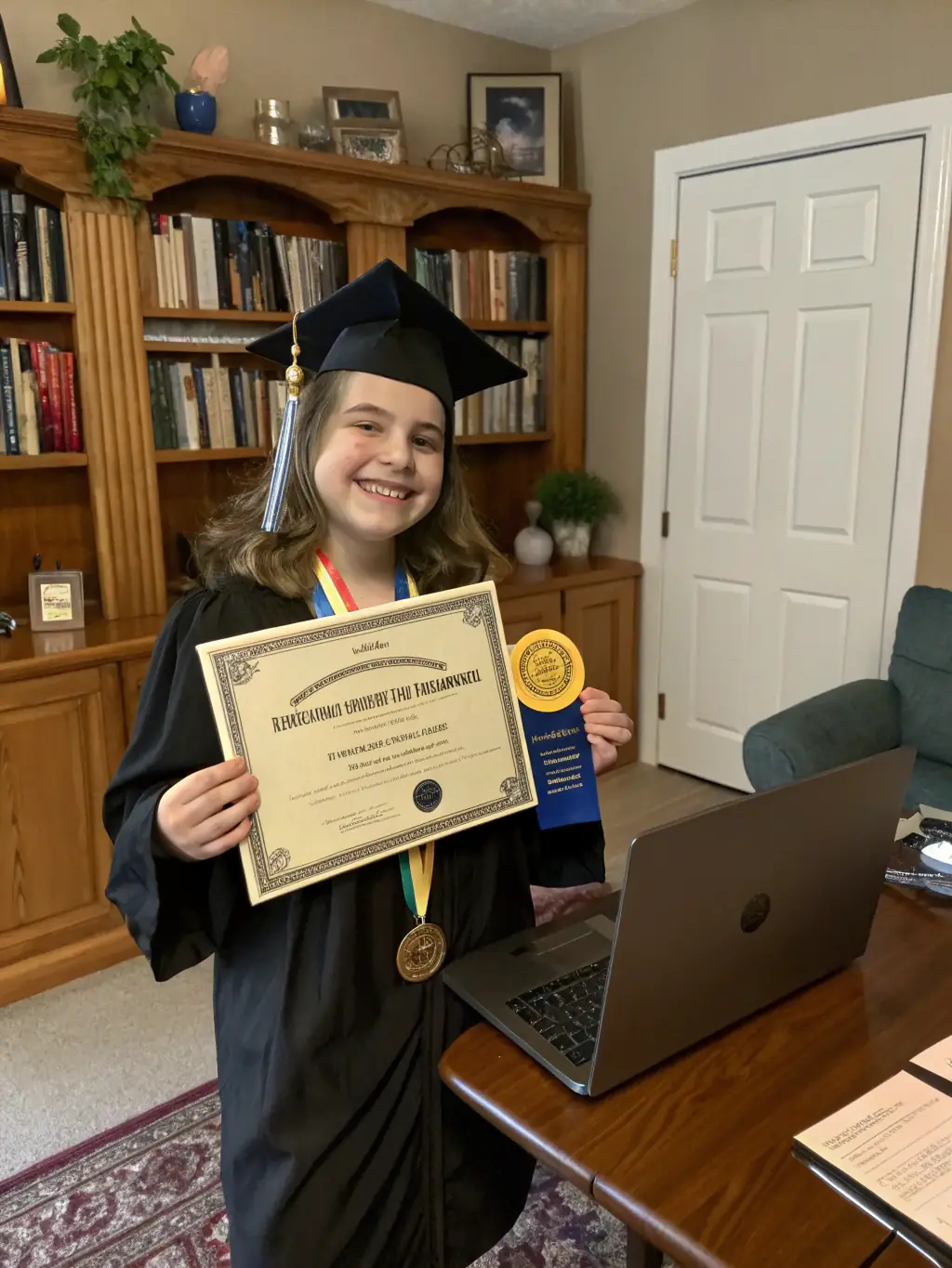 A student proudly displaying a certificate of completion after attending a webinar on a specific programming skill, such as Python or Java.