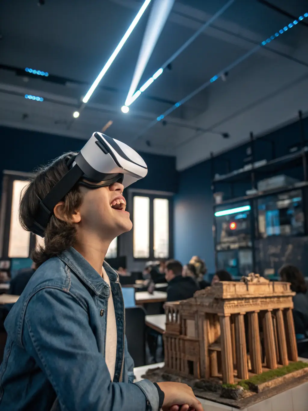 A student wearing a VR headset, interacting with a virtual environment, with code and 3D models visible on the screen.