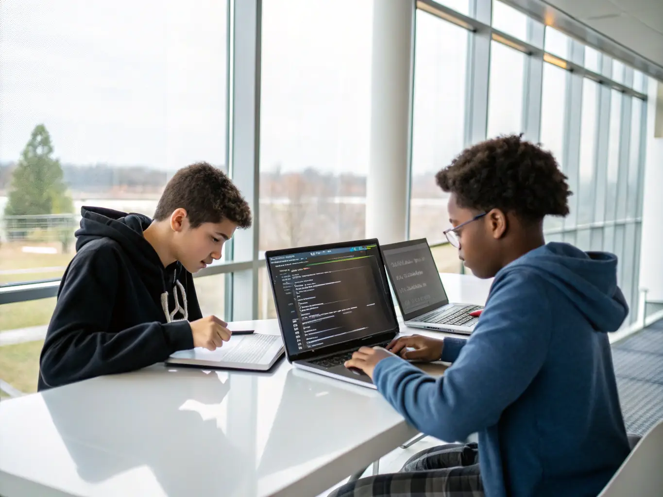 A student coding at a desk, focused on their screen, with a background showing a modern, collaborative workspace. The image should convey a sense of learning and innovation.