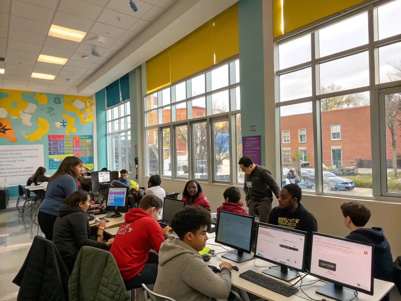 A visually engaging image depicting a live webinar session with an instructor presenting coding concepts on a screen, surrounded by diverse students actively participating and asking questions. The setting is modern and tech-focused, emphasizing interactive learning.
